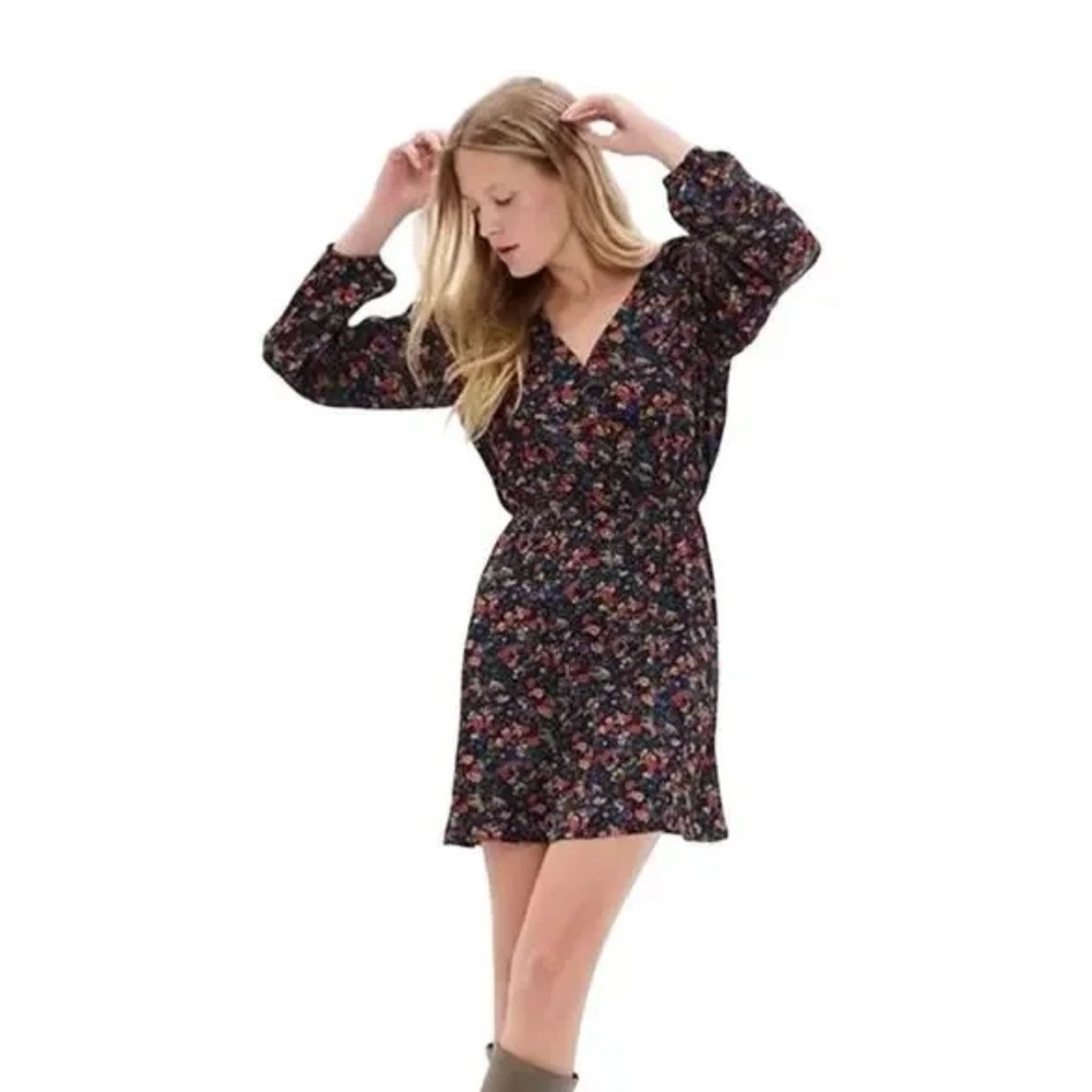 *NWT* GAP Sz XS Black Wrap Front Cinch Waist Floral Long Sleeve Mini Dress Y2K